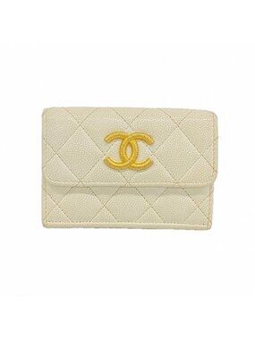 Chanel Trifold Wallet Quilted Caviar Leather White Gold